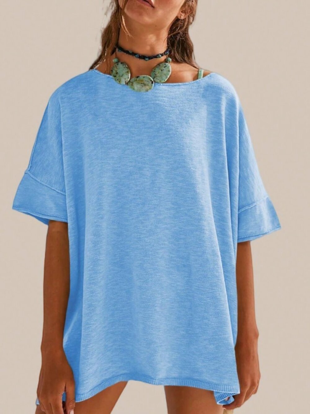 Blue Casual Women's Oversized T Shirt Crew Neck Short Sleeve Blouse Top